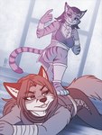 4_toes 5_fingers anthro arm_wraps barefoot breasts duo feet female fingers foot_on_back fur hair hindpaw humanoid_hands paws pinned smile striped_body striped_fur stripes tail toes wraps heresy_(artist) microsoft the_elder_scrolls amber_(heresy) samara_(heresy) canid canine felid fox khajiit mammal 2023 3:4 hi_res signature