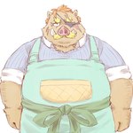 anthro apron belly big_belly brown_body clothing eye_patch eyewear kemono male overweight overweight_male scar shirt solo topwear furipon mammal suid suine sus_(pig) wild_boar 1:1 2023 hi_res