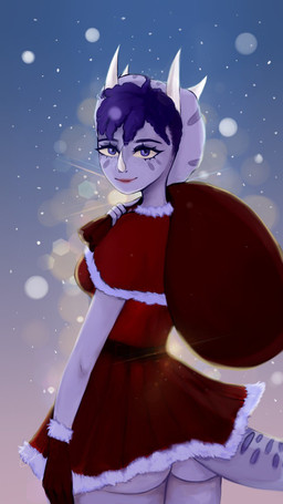 abstract_background anthro bottomless bottomless_anthro bottomless_female breasts butt clothed clothing cosplay costume dress facial_horn female fingers frill_(anatomy) hair head_turned horn humanoid_hands looking_at_viewer looking_back markings non-mammal_breasts purple_body purple_eyes purple_hair rear_view red_clothing red_dress sack santa_costume smile solo spots spotted_markings striped_markings stripes tail akky19 goodbye_volcano_high ko_op_(game_developer) trish_(gvh) ceratopsian ceratopsid chasmosaurine dinosaur marginocephalian ornithischian prehistoric_species reptile scalie triceratops 2023 9:16 colored half-length_portrait hi_res portrait shaded