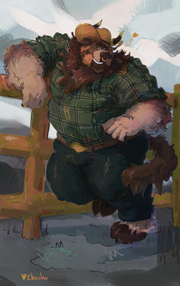 anthro barazoku barefoot beard bedroom_eyes belly belt biceps big_belly big_muscles big_pecs blue_bottomwear blue_clothing blue_jeans blue_pants bottomwear brown_beard brown_belt brown_body brown_clothing brown_facial_hair brown_fur brown_hat brown_headwear bulge clothing cowboy cowboy_hat cowboy_outfit denim denim_bottomwear denim_clothing facial_hair facial_piercing feet fence flannel flannel_shirt flirting flirting_look flirting_with_viewer fur green_clothing green_eyes green_shirt green_topwear hat headgear headwear heart_symbol hooves horn inviting inviting_to_sex inviting_viewer jeans leaning leaning_on_fence male manly musclegut muscular muscular_anthro muscular_arms muscular_male muscular_thighs narrowed_eyes nature nature_background nose_piercing nose_ring offering_sex offering_to_viewer outside pants pattern_clothing pattern_shirt pattern_topwear pecs piercing plaid plaid_clothing plaid_shirt plaid_topwear ranch ranch_hand rancher ring_piercing rolled_up_sleeves seducing_viewer seductive shirt smile smiling_at_viewer solo tail thick_arms thick_thighs topwear chuchowriggle bovid bovine cattle mammal hi_res