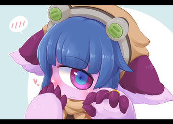1_eye bangs black_bars blue_eyes blue_hair blush blush_lines brown_clothing claws clothing digit_ring female fluffy fur hair headgear headwear heart_symbol jewelry looking_at_object mouth_closed multicolored_eyes purple_body purple_eyes purple_fur ring ring_(jewelry) short_hair simple_background solo wedding_ring ura_r made_in_abyss pakkoyan cyclops humanoid narehate digital_drawing_(artwork) digital_media_(artwork) letterbox
