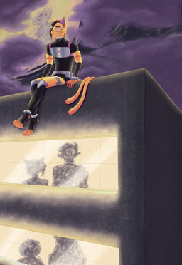 2_tails anklet anthro armor armwear belt black_clothing black_hair black_topwear bodysuit bracelet breastplate building claws clothed clothing cloud cloudy_sky feet fur fur_markings gloves group hair handwear jewelry knee_pads legwear looking_up male markings multi_tail multicolored_body multicolored_fur night orange_eyes orange_hair outside paws silhouette sitting sitting_on_building skinsuit sky slim solo solo_focus stripes tail tight_clothing toes topwear window wristband yellow_body yellow_eyes yellow_fur mau_bauu hua_(mau_bauu) animal_humanoid domestic_cat felid felid_humanoid feline feline_humanoid felis humanoid mammal mammal_humanoid absurd_res digital_drawing_(artwork) digital_media_(artwork) hi_res portrait