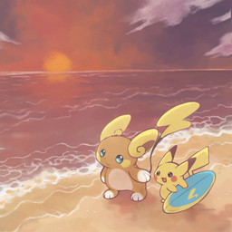ambiguous_gender beach blue_eyes cloud detailed_background dipstick_ears duo ear_markings multicolored_ears open_mouth outside red_cheeks sand sea seaside sky sun sunset surfboard vehicle water watercraft yellow_cheeks kanannbo nintendo pokemon alolan_form alolan_raichu generation_1_pokemon generation_7_pokemon pikachu pokemon_(species) regional_form_(pokemon) 1:1 2016