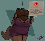 anthro big_breasts bird_dog breasts canid canine canis cellphone cleavage clothed clothing domestic_dog dress electronics female hi_res holding_object holding_phone hunting_dog hyper hyper_lips labrador lips lonnyk mammal overweight overweight_female phone retriever shocked solo sonia_(lonnyk) thick_lips touching_lip