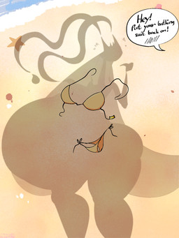 antennae_(anatomy) anthro beach belly big_belly big_breasts bikini biped bloated blush blush_lines breasts butt clothing female flustered hair hand_on_belly huge_belly hyper hyper_belly long_hair nude offscreen_character overweight overweight_anthro overweight_female pokemorph public public_nudity sand shadow side-tie_bikini silhouette solo speech_bubble standing string_bikini swimwear thick_thighs two-piece_swimsuit water yellow_bikini yellow_clothing yellow_swimwear blahblah866 dressed_shadow nintendo pokemon fan_character phera_(blahblah866) arthropod generation_7_pokemon pheromosa pokemon_(species) ultra_beast 2025 3:4 digital_drawing_(artwork) digital_media_(artwork) hi_res