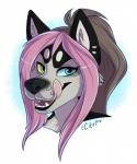 anthro black_lips black_nose hair heterochromia lips open_mouth pink_hair simple_background smile solo teeth tongue citrinelle gorsha_(character) canid canine canis mammal wolf 2016 digital_media_(artwork) headshot_portrait portrait