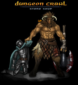 anthro axe bandaged_hand battle_axe belt cloak clothing duo greataxe knight_armor larger_anthro larger_male male muscular muscular_male size_difference standing title_screen unconscious cws dungeon_crawl_stone_soup european_mythology greek_mythology mythology ambiguous_species bovid bovine mammal minotaur