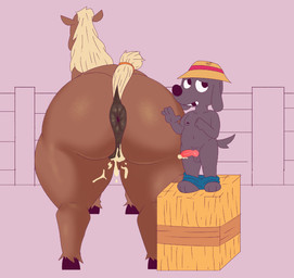 after_sex animal_genitalia animal_penis animal_vulva anthro anus balls big_butt bodily_fluids butt canine_genitalia canine_penis clothing cum cum_in_vagina cum_inside equine_genitalia equine_vulva erection farm female feral fur genital_fluids genitals hair hat headgear headwear male nude penis puffy_anus shota simple_background small_penis smile solo tail vulva young young_anthro young_male straycat007 canid canine canis domestic_dog equid equine horse mammal absurd_res digital_media_(artwork) hi_res