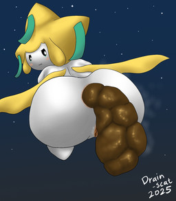 anthro anus big_butt blush butt feces feces_in_ass female genitals looking_back midair multicolored_body pooping rear_view sky solo star starry_sky two_tone_body vulva white_body yellow_body drain_scat nintendo pokemon generation_3_pokemon jirachi legendary_pokemon pokemon_(species) hi_res