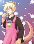 5_fingers anthro apron blonde_hair brown_nose clothed clothing fingers gradient_background hair looking_at_viewer male raised_tail short_hair simple_background smile solo tail yellow_eyes kivwolf mammal mustelid otter clyde_(disambiguation) 2011 hi_res