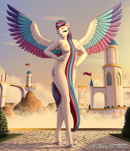 anthro areola banner big_breasts blue_body blue_feathers blue_hair breasts building castle cloud colored_nails cutie_mark detailed_background door eyebrows eyeliner feathers female fetlocks fingernails flag flag_(object) fur grass grey_fingernails grey_hooves grey_nails hair hair_between_breasts hair_covering_crotch hands_on_hips hands_on_own_hips hooves lips long_hair makeup mountain multicolored_body multicolored_feathers multicolored_hair multicolored_tail nails narrowed_eyes nipples nude nude_anthro nude_female path pink_body pink_eyebrows pink_feathers pink_hair pink_lips plant purple_body purple_feathers shrub sky slim small_waist smile solo spread_wings sunset tail teeth thick_thighs tree white_body white_fur window wings clearvision hasbro mlp_g5 my_little_pony mythology zipp_storm_(mlp) equid equine horse mammal mythological_creature mythological_equine pegasus pony absurd_res hi_res
