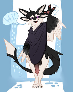 3_fingers 3_toes 4_ears animal_genitalia animal_penis anthro balls barefoot big_balls big_penis biped black_body black_claws black_clothing black_feathers black_fur black_sclera blue_background bodily_fluids bottomless bottomless_anthro bottomless_male casual_erection chest_tuft city city_background cityscape claws clothed clothed_anthro clothing countershade_face countershading dialogue digitigrade dripping equine_genitalia equine_penis erection exclamation_point feathered_wings feathers feet fingers flared_penis front_view fur genital_fluids genitals gesture gradient_penis greeting hair half-erect hand_gesture leaking_precum looking_at_viewer male mismatched_animal_penis mismatched_genitalia mismatched_penis motion_lines multi_ear multicolored_body open_mouth open_smile outside oversized_clothing oversized_topwear pawpads paws penis penis_peek penis_under_clothes pink_pawpads poncho poncho_only precum precum_drip public public_erection public_nudity purple_eyes simple_background small_but_hung smile smiling_at_viewer solo speech_bubble standing tail talking_to_viewer teeth text toes topwear topwear_only tuft tufted_fur waving waving_at_viewer white_body white_countershading white_feathers white_fur winged_arms wings geniebuy fyr_(fenrir784) avali avian bird 2026 absurd_res colored colored_sketch digital_drawing_(artwork) digital_media_(artwork) english_text full-length_portrait hi_res portrait sketch maleherm_(lore)