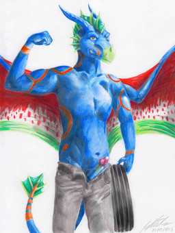 anthro blue_body clothed clothing erection genitals green_eyes horn looking_at_viewer male markings penis red_markings simple_background solo tail topless white_background worker lowrider-girl mythology dragon mythological_creature mythological_scalie scalie