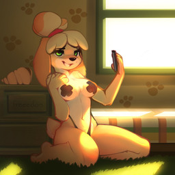 anthro arm_tuft bedroom biped black_clothing black_thong black_underwear blonde_hair breasts carpet cellphone chest_tuft clothing electronics eyebrow_through_hair eyebrows eyelashes female fur green_eyes hair inside kneeling looking_at_viewer morning navel nipple_tape pasties phone shoulder_tuft smartphone smile solo tape thong translucent translucent_hair tuft underwear yellow_body yellow_fur freeedon animal_crossing nintendo isabelle_(animal_crossing) canid canine canis domestic_dog mammal shih_tzu toy_dog 1:1 2022 hi_res