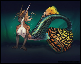 5_fingers anthro areola black_border border breasts brown_body brown_fur bubble claws countershade_face countershade_torso countershading dorsal_fin dreadlocks ear_piercing ear_ring eyebrows fangs female fin fingers fish_tail front_view fur green_eyes hair jewelry legless long_ears looking_at_viewer markings multicolored_body navel nipple_dip nipple_piercing nipples nude nude_anthro nude_female piercing pink_areola pink_nipples pink_nose ring_piercing smile smiling_at_viewer smirk solo split_form striped_markings stripes tail tail_fin teeth tied_hair underwater water thalislixeon akilah_(rusty)_nahas guppy acrador aquatic canid canine canis jackal mammal merfolk 2025 5:4 colored digital_drawing_(artwork) digital_media_(artwork) shaded