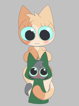 anthro blue_sclera blush bodily_fluids breasts cloak clothed clothing duo embarrassed featureless_breasts female green_cloak green_clothing green_sclera grey_background grey_body larger_female looking_down male male/female nude simple_background size_difference smaller_male tail tuft gooblie_2 isaac_(gooblie_ii) calico_cat domestic_cat felid feline felis mammal absurd_res hi_res