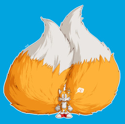 2_tails anthro big_tail blue_background emoji huge_tail image_bubble looking_at_viewer male multi_tail on_model shocked simple_background solo standing tail wide_eyed totesfleisch8 sega sonic_the_hedgehog_(series) miles_prower canid canine fox mammal red_fox true_fox