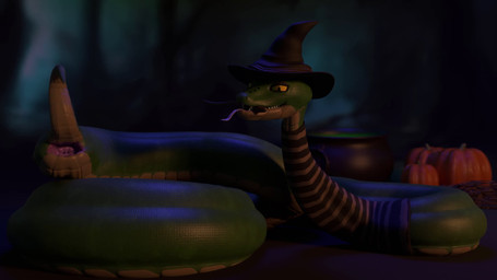 animal_genitalia cauldron cloaca clothing eyeliner facial_piercing female feral food fruit genitals hat headgear headwear makeup nose_piercing pattern_clothing piercing plant pumpkin short_animation solo striped_clothing stripes tail teeth tongue tongue_out wand witch_hat zevex reptile scalie snake 16:9 3d_(artwork) 3d_animation animated blender_(artwork) blender_cycles_(artwork) digital_media_(artwork) hi_res no_sound short_playtime video widescreen