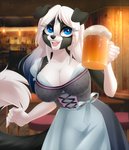 alcohol anthro bar barmaid beer beverage big_breasts black_body blue_eyes breasts cleavage clothed clothing container cup dress drinking_glass female glass glass_container glass_cup hair holidays lace looking_at_viewer smile solo waist_bow white_body white_hair dannyckoo tresertf oktoberfest border_collie canid canine canis collie domestic_dog herding_dog mammal pastoral_dog sheepdog hi_res