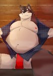 anthro asian_clothing belly big_belly black_nose blush brown_body clothing east_asian_clothing fundoshi japanese_clothing kemono male moobs navel nipples overweight overweight_male red_clothing red_fundoshi red_underwear sauna sitting solo steam underwear white_body bear_2key canid canine mammal 2022 absurd_res hi_res