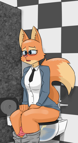 anthro bathroom blush bodily_fluids bottomwear breasts butt clothed clothing eyebrow_piercing eyewear facial_piercing female fur genital_fluids glasses hair heart_clothing heart_panties heart_pattern heart_pattern_panties heart_pattern_underwear heart_print heart_print_panties heart_print_underwear heart_symbol heart_underwear necktie open_mouth orange_body orange_fur panties pants pattern_bottomwear pattern_clothing pattern_panties pattern_underwear peeing piercing pink_clothing pink_underwear print_clothing print_panties print_underwear public_restroom shirt sitting solo suit suit_jacket tail text toilet toilet_use topwear underwear urine watersports notmypornaccount dreamworks the_bad_guys diane_foxington canid canine fox mammal 2025 absurd_res digital_media_(artwork) hi_res