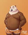 anthro belly big_belly black_nose clothing eyes_closed furry-specific_brand humanoid_hands male mature_male moobs navel overweight overweight_male solo underwear senor_nutria rudderbutts xavier_(rudderbutts) mammal mustelid otter sea_otter 2022 hi_res