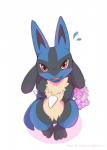 ambiguous_gender blue_body blue_fur blush canid canine flower front_view fur generation_4_pokemon hi_res high-angle_view looking_at_viewer lucario mammal netiel nintendo open_mouth plant pokemon pokemon_(species) red_eyes simple_background smile solo standing tongue white_background