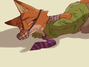 anthro arms_tied bound clothed clothing fur hands_behind_back male muzzle_(object) muzzled orange_body orange_fur solo submissive submissive_male wire_basket_muzzle yamatoooooo disney zootopia nick_wilde canid canine fox mammal red_fox true_fox 2016 4:3
