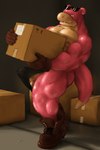 2:3 anthro anthrofied balls barely_visible_genitalia barely_visible_penis biceps blue_eyes bodily_fluids boots boots_only box bulge butt cardboard cardboard_box carrying_another chase_(tjloog) clothing container erection eyewear footwear footwear_only generation_1_pokemon genital_fluids genitals gloves grey_background handwear hi_res humanoid humanoid_genitalia humanoid_penis leather male mostly_nude moving muscular nintendo nipples non-mammal_balls non-mammal_nipples packing_tape pecs penis pink_body pink_skin pokemon pokemon_(species) pokemorph precum shoes shoes_only simple_background slightly_chubby slowpoke solo story story_in_description sunglasses sweat tail tan_body tan_skin tent tenting tjloog