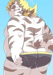 anthro barazoku belly big_belly black_body black_fur blue_background blush bulge butt clothing fur humanoid_hands kemono male overweight overweight_anthro overweight_male simple_background solo underwear white_body white_fur ptcmtr lifewonders tokyo_afterschool_summoners licho_(tas) felid mammal pantherine tiger 2020 absurd_res hi_res