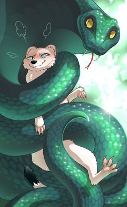 ambiguous_gender awkward awkward_smile blue_eyes blush bodily_fluids coiling covering covering_crotch duo embarrassed fangs feral feral_on_feral fur genital_fluids glistening glistening_body glistening_scales green_body green_scales looking_at_another looking_at_partner paws predator/prey scales sexual_fluids size_difference sweat sweatdrop teeth tongue tongue_out white_body white_fur yellow_eyes rozalid cobra mammal mustelid musteline reptile scalie snake stoat true_musteline weasel 2025 absurd_res colored full-length_portrait hi_res portrait