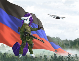 anthro anthrofied armor blue_eyes body_armor bulletproof_vest camo clothing cloud day donetsk_flag donetsk_republic drone_(vehicle) electronics female female_anthro forest gloves grass gun handwear hooves horn knee_pads machine machine_gun mane military military_uniform outside pkm plant politics propaganda propaganda_poster purple_mane ranged_weapon russia russian_federation soldier solo standing text tree unguligrade uniform walkie-talkie warrior weapon rublegun friendship_is_magic hasbro my_little_pony mythology rostec russo-ukrainian_war the_wagner_group rarity_(mlp) equid equine mammal mythological_creature mythological_equine unicorn 2024 dated english_text hi_res russian_description russian_text signature translated translated_description