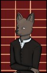 anthro brown_body brown_fur business_suit classy clothing fur male simple_background solo suit white_eyes treebutnever canid canine mammal absurd_res hi_res