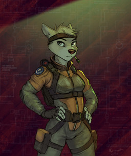 5_fingers accessory anthro black_nose breasts clothed clothed_anthro clothed_female clothing female fingers flight_suit fur grey_body grey_fur harness headband humanoid_hands medium_breasts nipple_outline solo marsonaut vesta_(marsonaut) canid canine canis mammal wolf hi_res