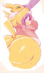 anthro armpit_fetish bandai_namco belly big_butt black_sclera bodily_fluids breasts butt canid canine clothed clothing curvy_figure digimon digimon_(species) digital_media_(artwork) female fur huge_butt mammal pose rear_view renamon side_belly simple_background skimpy slightly_chubby solo sunibee sweat thick_thighs voluptuous yellow_body yellow_fur
