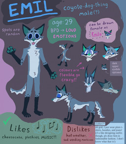 anthro blue_body blue_eyes blue_fur blush feral fur male male_anthro open_mouth open_smile smile solo teal_nose text toony demensa emil_(demensa) canid canine canis coyote domestic_dog mammal 2025 english_text hi_res model_sheet genderfluid_(lore)