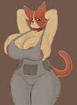 anthro areola areola_slip big_breasts breasts clothed clothed_anthro clothed_female clothing collar eyelashes female female_anthro front_view fur hands_behind_head huge_breasts markings mole_(marking) mole_on_breast mouth_closed one_eye_closed orange_body orange_fur orange_tail overalls simple_background solo tail tan_body tan_fur thick_thighs jimjr webfishing mandarina_(gatoradeew) domestic_cat felid feline felis mammal 2024 digital_drawing_(artwork) digital_media_(artwork) hi_res portrait three-quarter_portrait