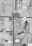 2019 anthro big_breasts bikini breasts canid canine cleavage clothed clothing comic dialogue digital_media_(artwork) dipstick_ears disney duo ear_markings english_text female fox freckles_(artist) gloves_(marking) greyscale hi_res huge_breasts judy_hopps lagomorph leporid male mammal markings monochrome multicolored_ears nick_wilde one-piece_swimsuit open_mouth rabbit sling_bikini swimwear text undressing zootopia