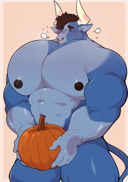 anthro big_muscles big_pecs blush bodily_fluids facial_piercing holding_object huge_muscles huge_pecs hyper hyper_muscles hyper_pecs male muscular muscular_male nose_piercing nose_ring pecs piercing ring_piercing simple_background solo sweat seintaur bovid bovine cattle mammal hi_res