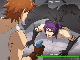 5_fingers all_fours animated_gif black_body brown_hair butt chain claws clothed clothed_human clothed_male clothing duo empty_eyes fangs fingers forked_tongue front_view gameplay_mechanics gloves gui hair handwear health_bar heterochromia horn humor light_body light_skin male nude nude_humanoid nude_male orange_hair purple_hair smile spray_bottle spraying_on_face tail teeth text tongue tongue_flick wings seyumei keith_(seyumei) sky_(seyumei) demon horned_humanoid human humanoid mammal tailed_humanoid winged_humanoid 2026 animated digital_drawing_(artwork) digital_media_(artwork) english_text short_playtime
