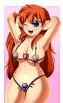 arms_above_head big_breasts bikini bikini_thong blue_eyes bra breasts brown_hair clothing curvy_figure eyebrows eyelashes fangs female gem hair humanoid_pointy_ears long_hair looking_at_viewer navel not_furry one_eye_closed open_mouth pointy_ears pose red_hair simple_background solo swimwear teeth thong tongue two-piece_swimsuit underwear venus_bikini voluptuous wide_hips wink pridark galaxy_fight sunsoft roomi humanoid lutecian mammal 2020 absurd_res hi_res