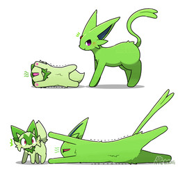 :3 ambiguous_feral ambiguous_gender belly_tuft black_nose blue_inner_ear blush blush_lines cheek_tuft cute_fangs duo facial_tuft fangs feral forehead_gem forked_tail fur gem green_body green_ears green_fur head_tuft looking_at_another multicolored_body multicolored_ears multicolored_fur neck_tuft open_mouth open_smile pawpads paws pink_pawpads pink_tongue pupils purple_sclera raised_tail red_eyes shadow simple_background size_difference slit_pupils smile stretching tail tail_motion tailwag teeth text tongue tuft two_tone_body two_tone_fur unusual_anatomy unusual_tail white_background white_eyes wide_eyed tontaro nintendo pokemon eeveelution espeon generation_2_pokemon generation_9_pokemon pokemon_(species) shiny_pokemon sprigatito 1:1 2026 2d_animation animated artist_name digital_media_(artwork) watermark