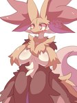 2022 3:4 absurd_res anthro big_breasts blush blush_stickers breast_curtains breasts canid canine chest_tuft crotch_tuft delphox female fox front_view fur generation_6_pokemon hi_res inner_ear_fluff mammal nintendo nyaswitchnya pokemon pokemon_(species) portrait red_body red_eyes red_fur simple_background solo thick_thighs three-quarter_portrait tuft white_background white_body white_fur wide_hips yellow_body yellow_fur
