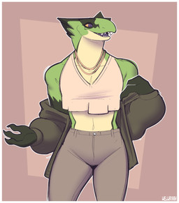anthro biped black_body black_nails border clothing colored_nails female green_body grey_clothing markings multicolored_body nails pink_clothing solo tan_body tan_clothing two_tone_body white_border conditional_dnp welwraith deadlock_(game) valve vyper_(deadlock) reptile scalie snake 2026 digital_drawing_(artwork) digital_media_(artwork) hi_res portrait three-quarter_portrait watermark