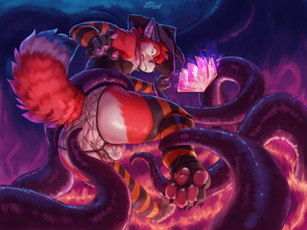 anthro bulge bulge_from_behind butt clothing detailed_bulge feet femboy fluffy footwear hat headgear headwear holidays magic_user male socks solo tentacles underwear wizard_hat belvor halloween benjithefox canid canine fox mammal 4:3 absurd_res hi_res
