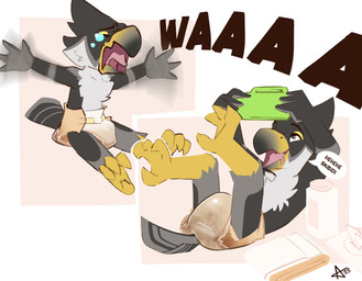 anthro beak black_body black_eyes black_feathers bodily_fluids clothed clothing crying dialogue diaper diaper_only dripping electronics feathers feces feet grey_body grey_feathers holding_object holding_phone legs_in_air looking_at_object looking_at_phone lying male motion_blur multiple_poses on_back open_mouth phone pose saliva saliva_drip screaming sitting sitting_on_diaper soiled_diaper solo tail tail_feathers talons tantrum tears toddler toes topless unclean_diaper used_diaper waving_arms wearing_diaper young bbawua nephy_abdl_(peregrine) avian bird falcon falconid peregrine_falcon hi_res