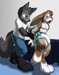 anthro arrested blush bunneh canid canine canis catmonkshiro clothing cuff_(restraint) desperation diaper embarrassed handcuffed handcuffs hi_res lagomorph leporid male mammal metal_cuffs rabbit restraints solo walking wolf