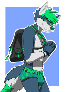 anthro backpack blue_body blue_fur border briefs bulge clothed clothing footprint fur green_eyes green_hair hair male multicolored_body multicolored_fur pawprint side_view simple_background smile solo topless two_tone_body two_tone_fur underwear white_border afoxens jeetix canid canine canis mammal wolf hi_res