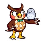 ambiguous_gender anthro bow_tie brown_body carrying_another duo feral green_bow_tie grey_body looking_at_another male nude simple_background smile white_background guywiththepie animal_crossing nintendo blathers_(animal_crossing) avian bird owl 1:1 2020