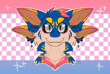 4_ears abstract_background accessory anthro big_ears blue_body blue_fur cheek_tuft ear_piercing ear_ring eyebrow_piercing eyebrows eyelashes eyewear facial_piercing facial_tuft front_view fur glistening grey_eyes happy head_tuft jewelry looking_at_viewer male multi_ear multicolored_body multicolored_fur pattern_background piercing pink_body pink_fur ring ring_(jewelry) ring_piercing simple_background smile smiling_at_viewer solo sparkles teeth tuft yellow_body yellow_fur conhugo avali avian bust_portrait flat_colors headshot_portrait hi_res icon portrait signature